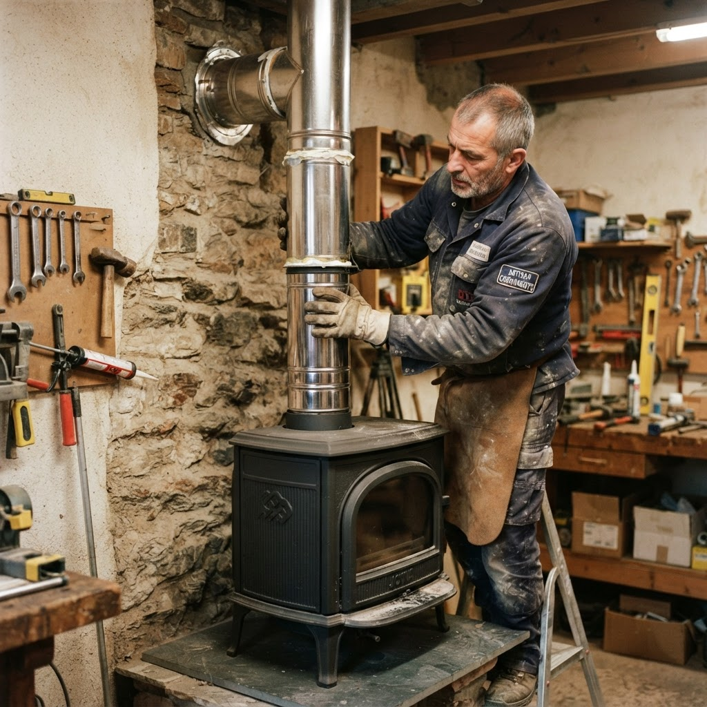 Artisan cheministe installant un poêle à bois