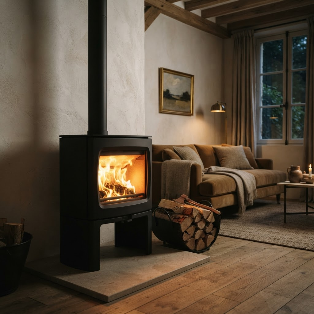 Poêle à bois moderne installé dans un salon rénové à Nantes